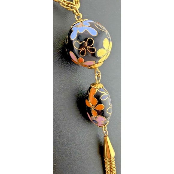 The Unbranded Brand Jewelry - Vintage Cloisonne Enamel Floral Bead Tassel Necklace Long Gold Tone Chain 26"